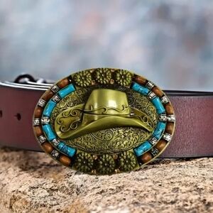 Turquoise cowgirl cowboy stetson hat Western belt buckle Choose Silver Or Gold